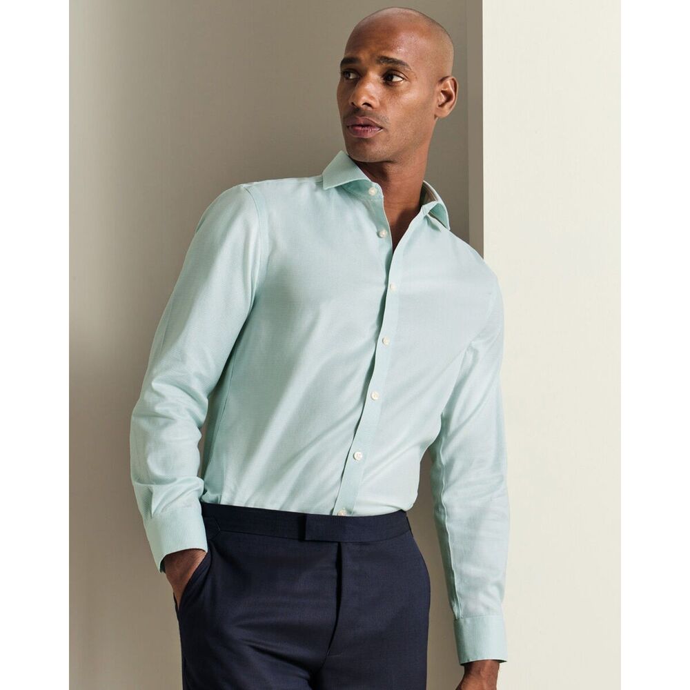 NWT Charles Tyrwhitt Non-Iron Twill Cutaway Puppytooth Dress Shirt Green Slim 16